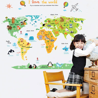 Cartoon World Map Pvc Diy Self Adhesive Vinyl Wall Stickers Bedroom Home Decor For Children Room