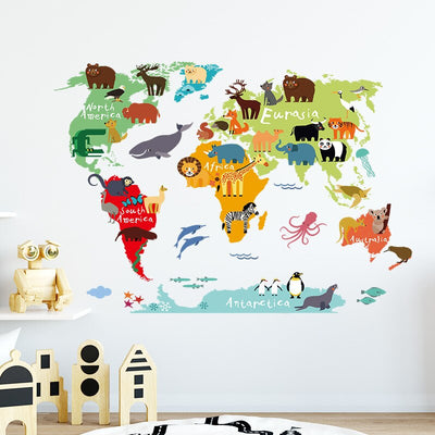 Colourful Animals World Map Wallstickers