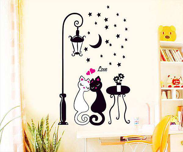 Love Couple Cats Moon Star Lamp wall Sticker