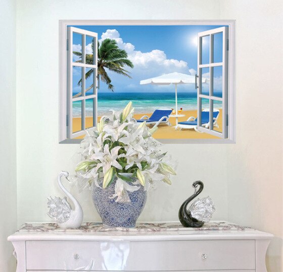 New Beach Harbor Window Wall Sticker Kids Room Background Wall Decals Foreign Trade Bedroom Removable Wall