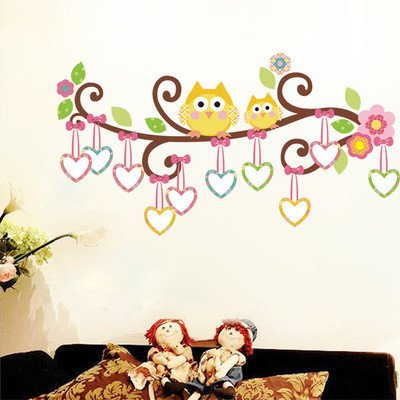 Owl hearts branch wall decal